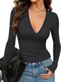 Close-up of a women's black ribbed long-sleeve top with deep V-neck shown on a model - S / Tops / Black