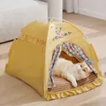 Gezellige gele huisdiertent met konijnenborduurwerk en zomerse koelmat voor katten - Met Mat / S (38x38x36) / Geel Tentbed