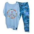 Casual two-piece set featuring light blue floral peace sign t-shirt and camo pants - 3XL / Top And Bottom / Blue Floral Peace Sign Print