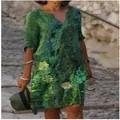 Bohemian style green abstract print V-neck midi dress with elegant half sleeves - S / Dresses / Green Print