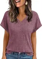 Casual dames-T-shirt met korte mouwen en V-hals in geribbelde paarse stof detail - Fuchsia