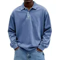 Loose fit men's long-sleeve polo shirt in washed blue with buttoned lapel - Blue