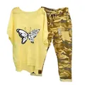 Two-piece casual outfit for women featuring a yellow butterfly print tee and camo trousers - 3XL / Top And Bottom / Yellow (Element 15)