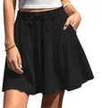 Close-up detail of women's black tiered mini skirt with drawstring waist and pockets - S / Black