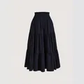 Plus size black tiered maxi cake skirt with high elastic waist on plain background - 1XL / Bottoms / Navy Blue