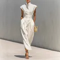 Elegant white high-neck sleeveless top with high-waisted wide-leg trousers set - S / Dresses / White