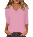Stylish women's casual pink V-neck t-shirt with comfortable 3/4 sleeves for daily wear - Pink