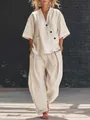 Elegant beige linen-blend two-piece set featuring a V-neck top and wide-leg pants - S / Top And Bottom / Off White