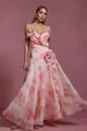 Detailed view of a pink French vintage floral maxi dress with elegant 3D flower accents. - S / Dresses / Pink