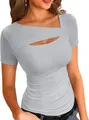 Detailed view of the irregular cut-out neckline on a grey ribbed slim-fit T-shirt - S / Tops / Light Gray