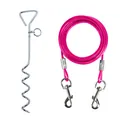 Detail of chrome spiral ground stake and pink wire tie-out cable with metal snap hooks - 3 Meters / Rose Red Coated Steel Cable + Chrome Stake