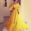 Elegant bright yellow off-shoulder tulle evening gown with pleated puff sleeves detail - S / Dresses / Yellow