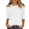 Casual women's solid white 3/4 sleeve round neck T-shirt top, versatile basic style - S / Tops / White