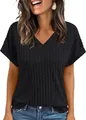 Gedetailleerd overzicht van zwart casual T-shirt met V-hals en korte mouwen voor dames - S / Tops / Zwart