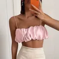 Pink satin cropped camisole top with spaghetti straps and ruffled front detail - S / Tops / Pink