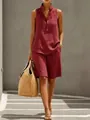 Classic burgundy linen two-piece set with sleeveless button-up top and shorts - Burgundy