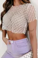 Detailed macro shot of sheer mesh crop top with pearl and sequin embellishments - S / Tops / White