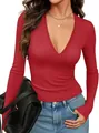 Sexy deep V-neck long sleeve ribbed knit slim fit top in vibrant red, casual style - Red