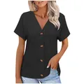 Detailed view of women's black V-neck short sleeve top with button accents - S / Tops / Black
