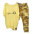 Two-piece casual set featuring a yellow headphone print t-shirt and camouflage pants. - 3XL / Top And Bottom / Yellow (Element 16)