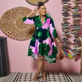 Slim fit deep V-neck collared dress featuring a vibrant floral print and stylish irregular hemline - 3XL / Dresses / Pink Green Flower