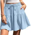 Detailed view of a light blue tiered mini skirt featuring a drawstring waist and side pockets - S / Bottoms / Light Blue