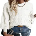 Detailed view of women's white textured checkerboard knit sweater with ribbed crewneck - White