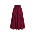 Elegant high waisted deep red tiered maxi cake skirt with adjustable drawstring - Burgundy