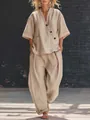 Full view of women's casual linen two-piece set in sand color with wide-leg trousers - Khaki
