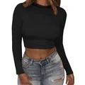 Detailed macro view of solid black long sleeve crew neck crop top on model for women - S / Tops / Long Sleeve / Black