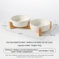 Double white ceramic cat paw bowls with elevated bamboo stand for food and water - Double Bowl Set (Medium Short) / Double Bowl Stand [Bamboo]