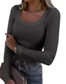 Close-up of a women's dark grey ribbed slim-fit long-sleeve T-shirt with a square neck - M / Tops / Dark Gray