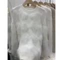 Soft and warm white faux mink fur pullover sweater with plush patchwork design for women - One Size / Tops / White