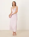 Full length view of elegant lavender cowl neck satin slip dress with a slim fit design - Light Pink