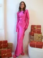 Elegant fuchsia satin maxi dress with long flare sleeves for special festive occasions - S / Dresses / Rose Red