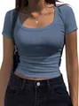 Women's slim fit blue ribbed knit short sleeve T-shirt with scoop neck casual style - S / Tops / Aqua