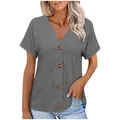 Casual grey V-neck short sleeve T-shirt with button details for women - S / Tops / Gray