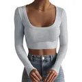 Detailed shot of a slim fit light grey ribbed long sleeve u-neck crop top for women - S / Tops / Light Gray