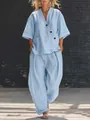 Full view of light blue linen blend two-piece set featuring V-neck top and wide-leg trousers - Light Blue