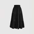 Elegant black plus size tiered maxi skirt with high elastic drawstring waist for women - 1XL / Bottoms / Black