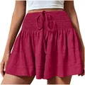 Close-up of magenta high-waisted drawstring shorts with smocked waistband detail - S / Bottoms / Rose Red