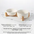 Double ceramic cat paw pet bowls with elevated bamboo stand in white finish for cats - Double Bowl Set (Medium Short+Tall) / Double Bowl Stand [Bamboo]