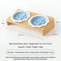 Set di due ciotole in ceramica blu per mangiatori lenti con supporto in bambù per cani e gatti - Piatto Slow Feeder Fiore Griglia / Set Supporto Ciotola Doppia Inclinato / Blu