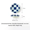 Blue and white checkerboard ceramic pet bowl for cats and dogs, 200ml capacity. - Chessboard Pet Bowl / Blue