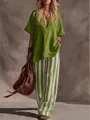 Full look of a bohemian casual green V-neck top and striped wide-leg pants two-piece set - S / Top And Bottom (1137) / Yellow-Green