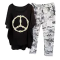 Stylish women's two-piece set with daisy peace sign printed tee and camo pants - 3XL / Top And Bottom / Black (134105 Element 42)