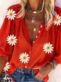 Detailed macro view of casual orange blouse featuring vibrant white daisy floral prints - S / Tops / Sunflower