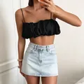 Sexy black satin ruffled spaghetti strap crop top and light blue denim mini skirt - S / Tops / Black