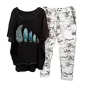 Fashionable women's two-piece casual set with feather print t-shirt and camo pants - 3XL / Top And Bottom / Black (Element 13)