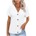 Detailed view of women's white V-neck short sleeve T-shirt with brown buttons - S / Tops / White